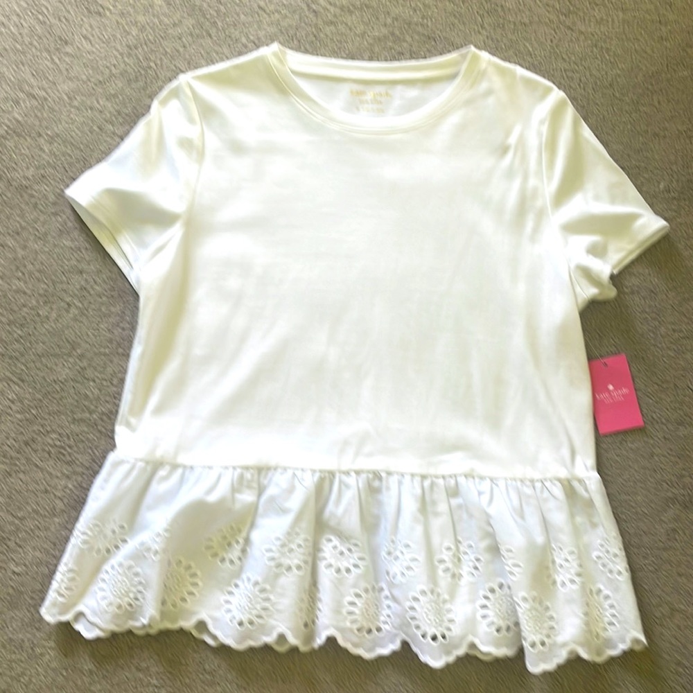 NWT Kate Spade New York Fresh White Mixed-Media T-shirt with Eyelet Ruffle
